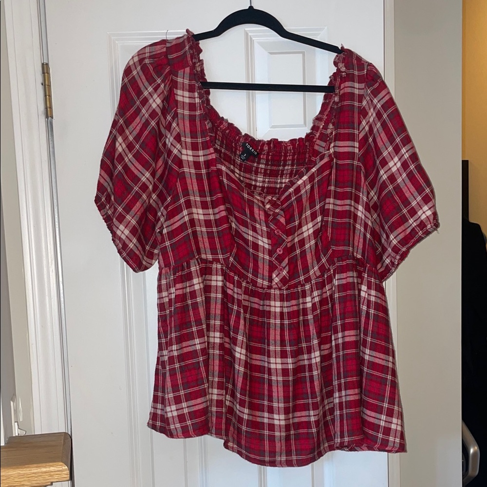 torrid Red and White Plaid Peasant Top